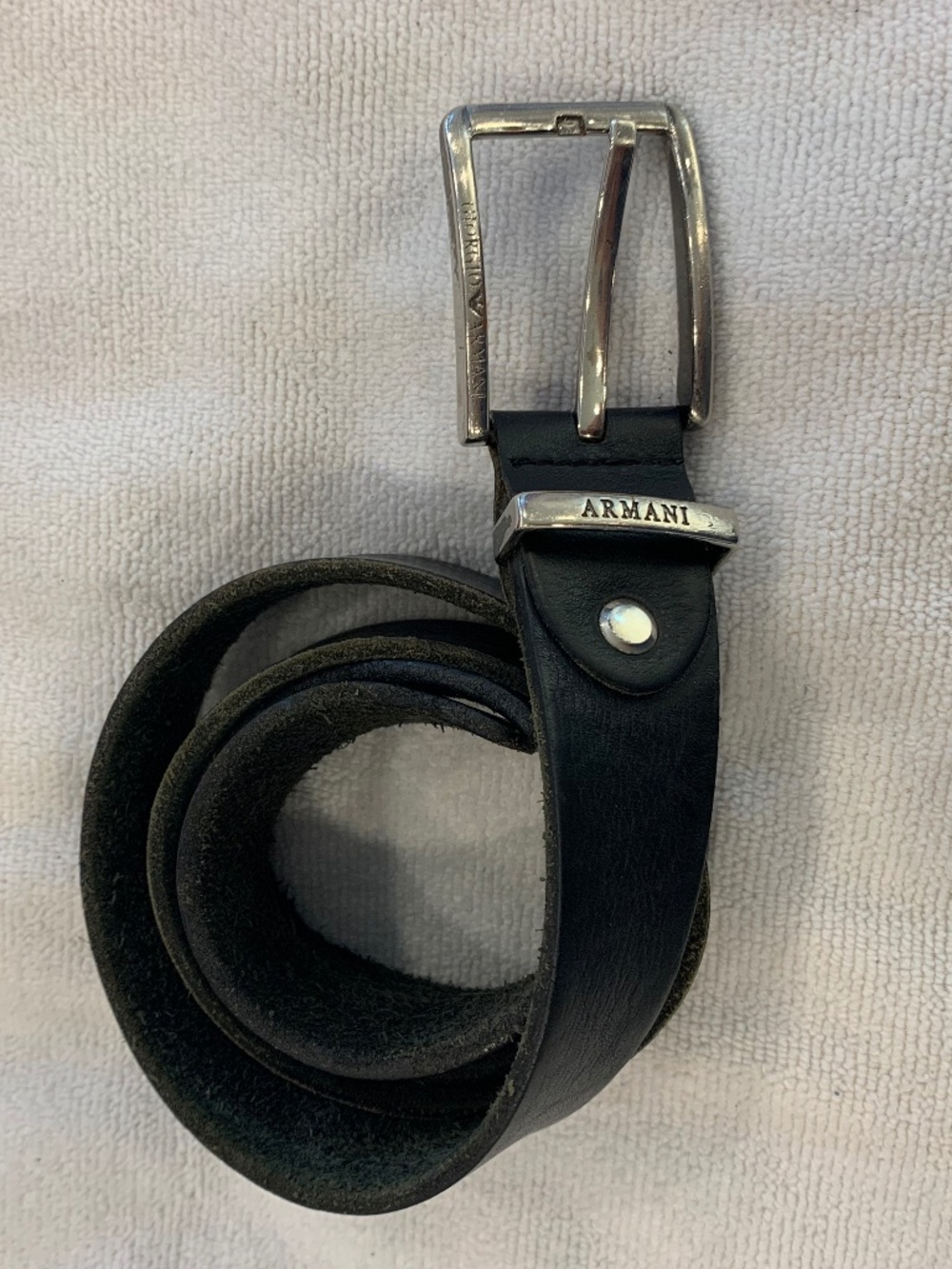 Giorgio Armani Black Genuine Leather Belt Silver Buckle Classic Italian